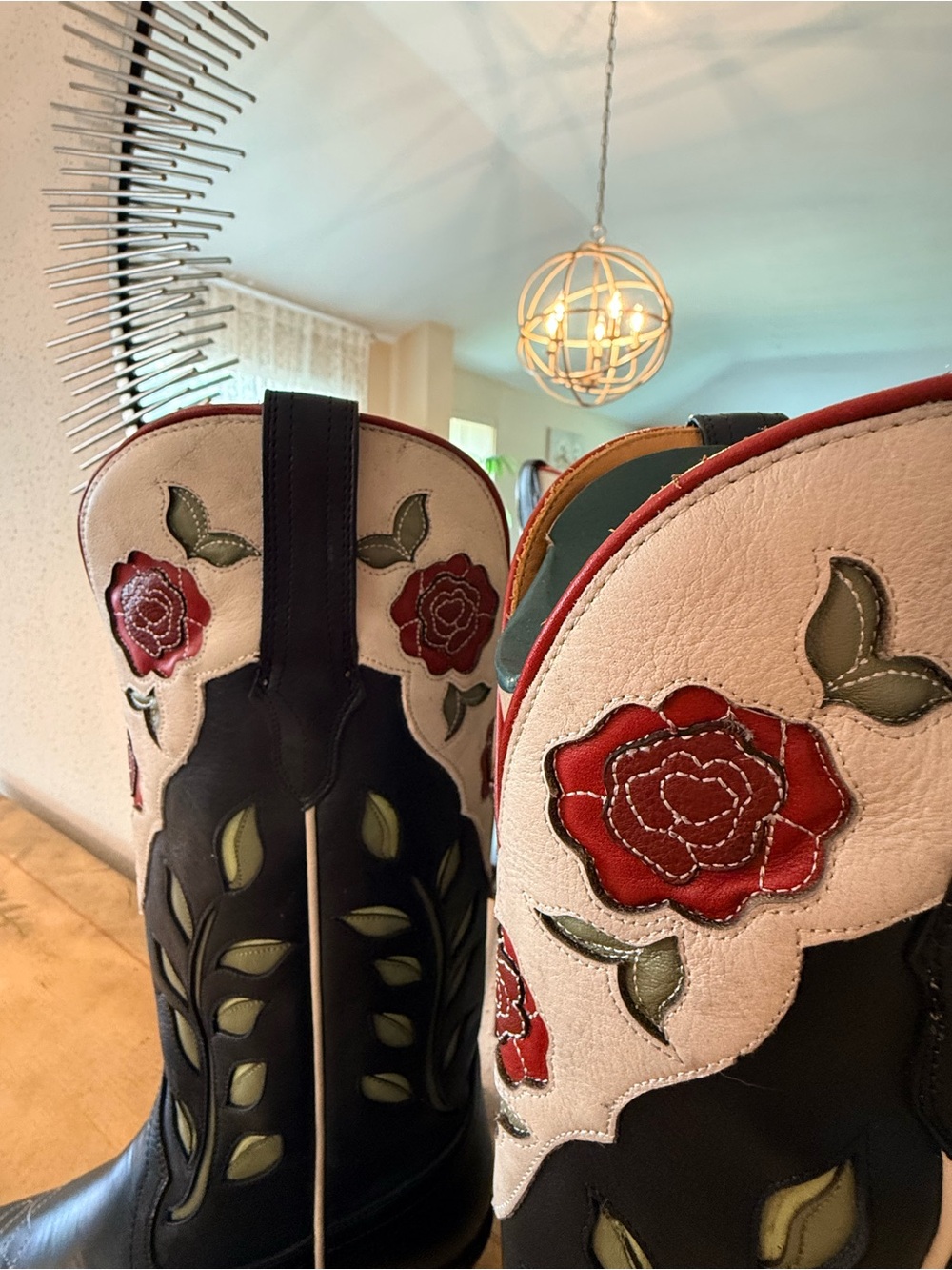 Tecovas Black Leather Women's Cowboy Boots with Red Rose Embroidery scarf. - Picture 5 of 16